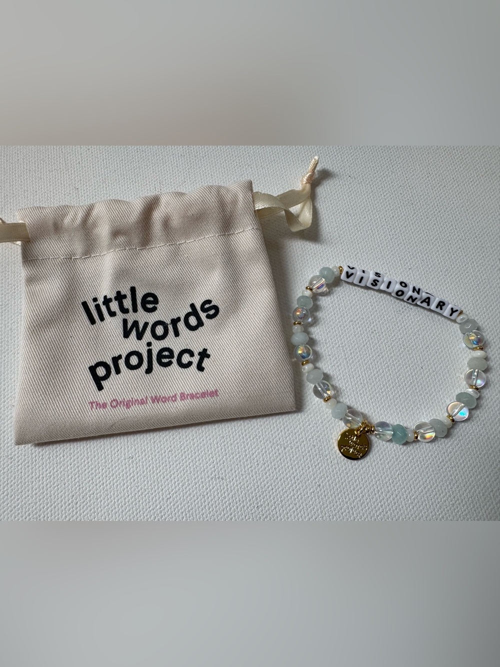 Little Words Project “VISIONARY” Beaded Bracelet Pastel Blue Gold Women’s